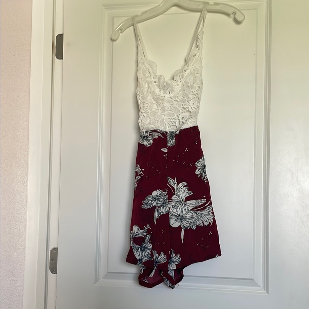 White Lace Top w burgundy Floral Romper Size S